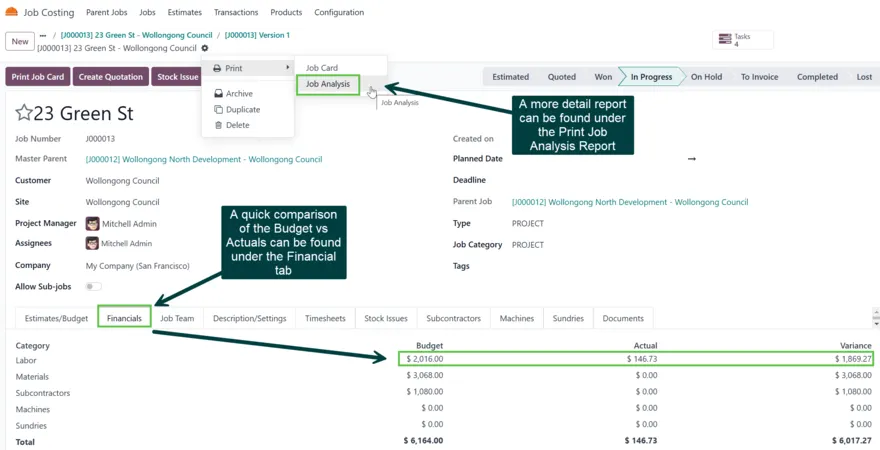 Sub-job financials dashboard